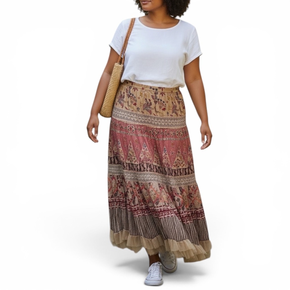 Phool Womens Tiered Boho Maxi Skirt XL Floral Lace Tulle Ruffle Peasant Cottage